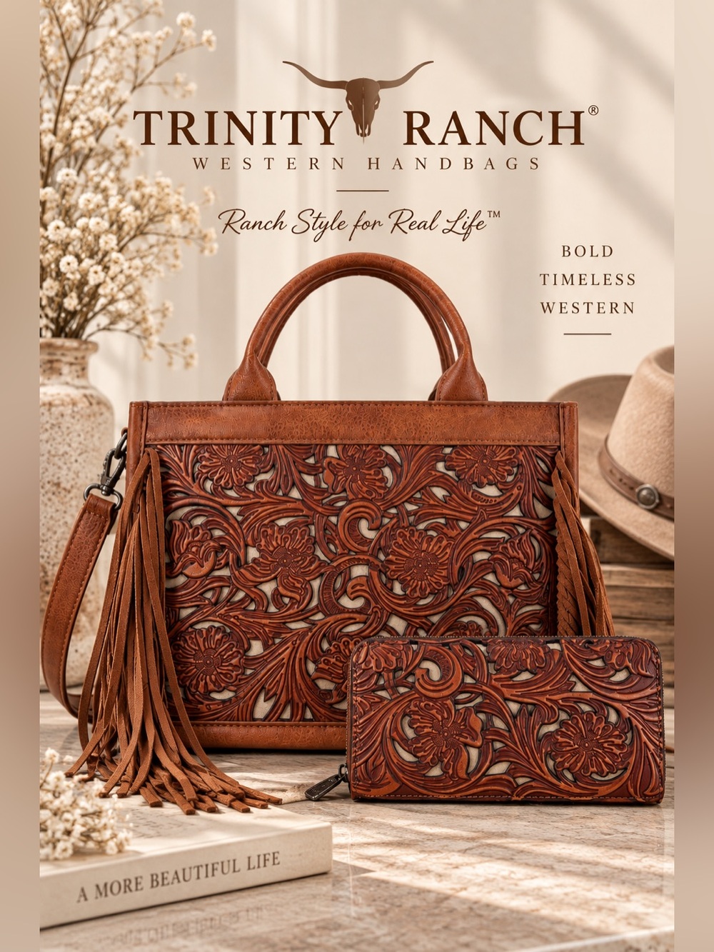 Trinity Ranch Floral Tooled Leather Fringe Tote & Wallet Set